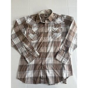Ely Cattleman Shirt Men's  Large  Brown White Plaid Pearl Snap Western Cowboy